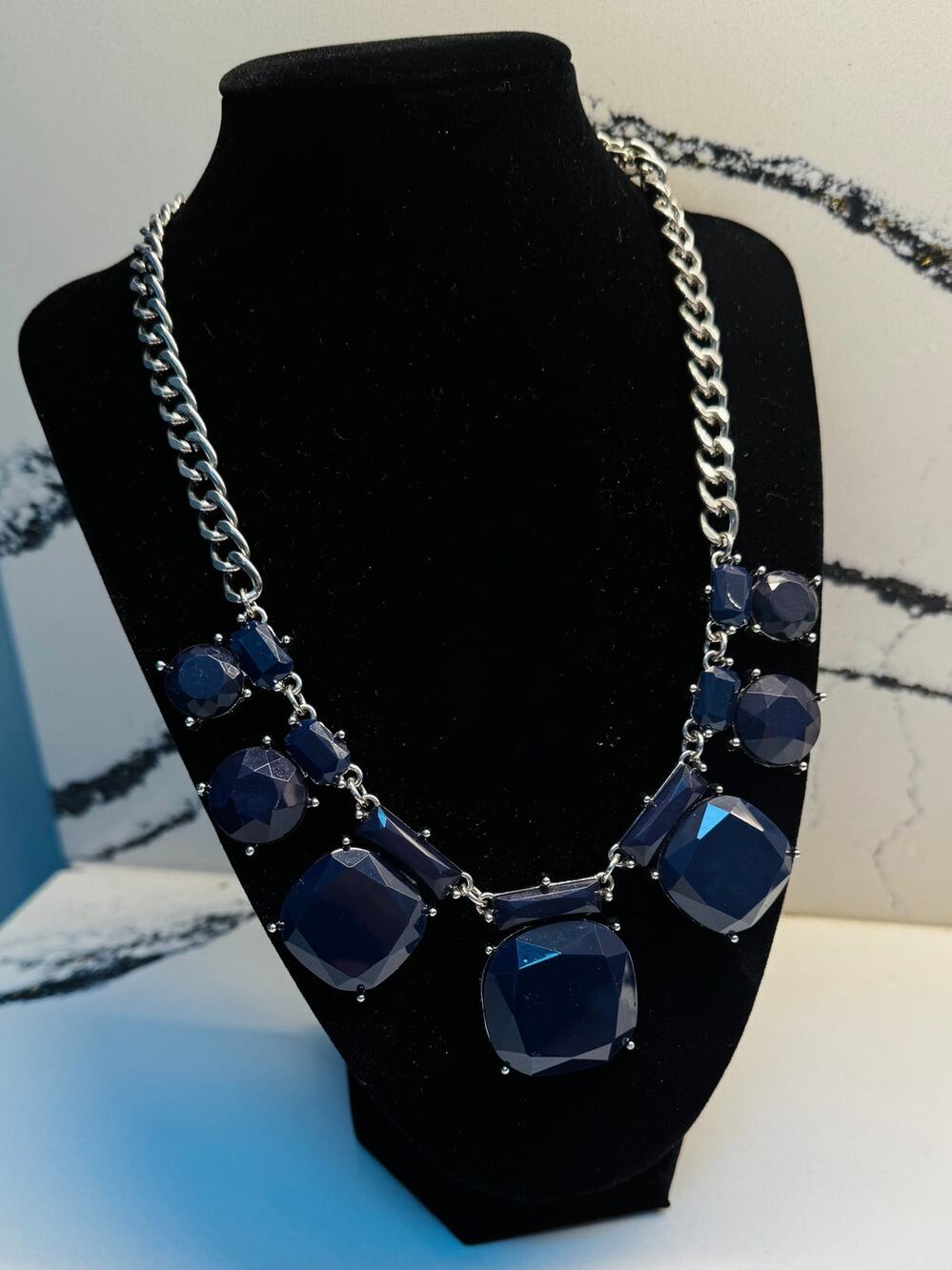 Charming Charlie Navy Blue Faceted Statement Necklace Silver Tone